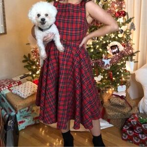 Red Plaid Tartan Flowy Vintage Sleeveless Dress with Belt
